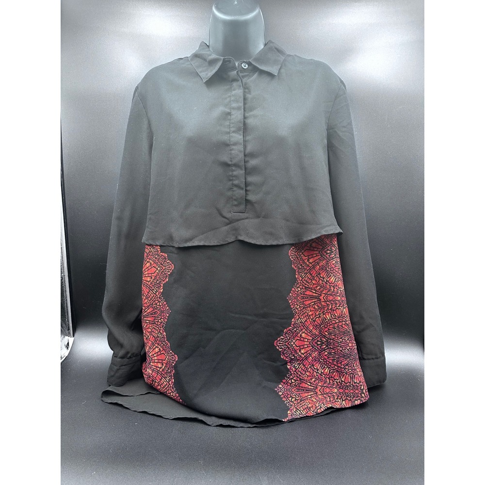 Cato Black Blouse Roll Tab Long Sleeve Red Print Size 14/16W Plus‎